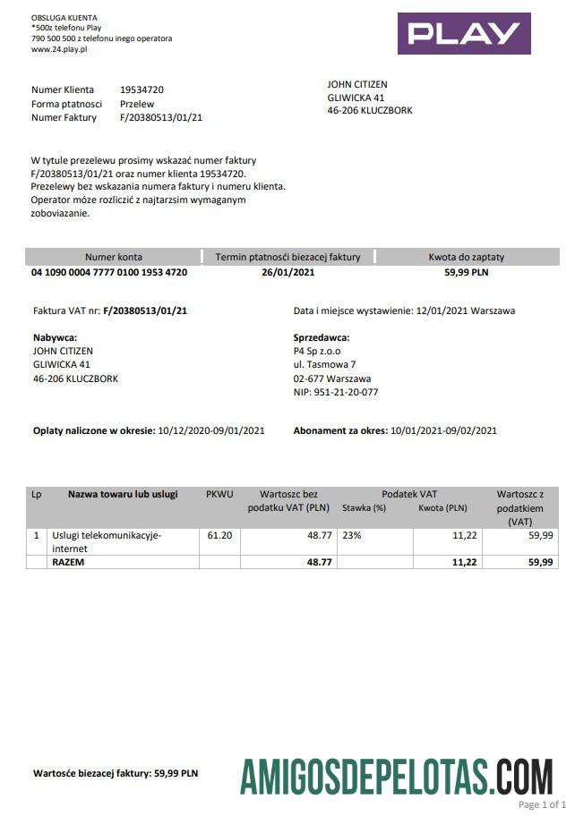 imprimível Modelo de conta de serviços públicos da Polônia Play em formato Word e PDF